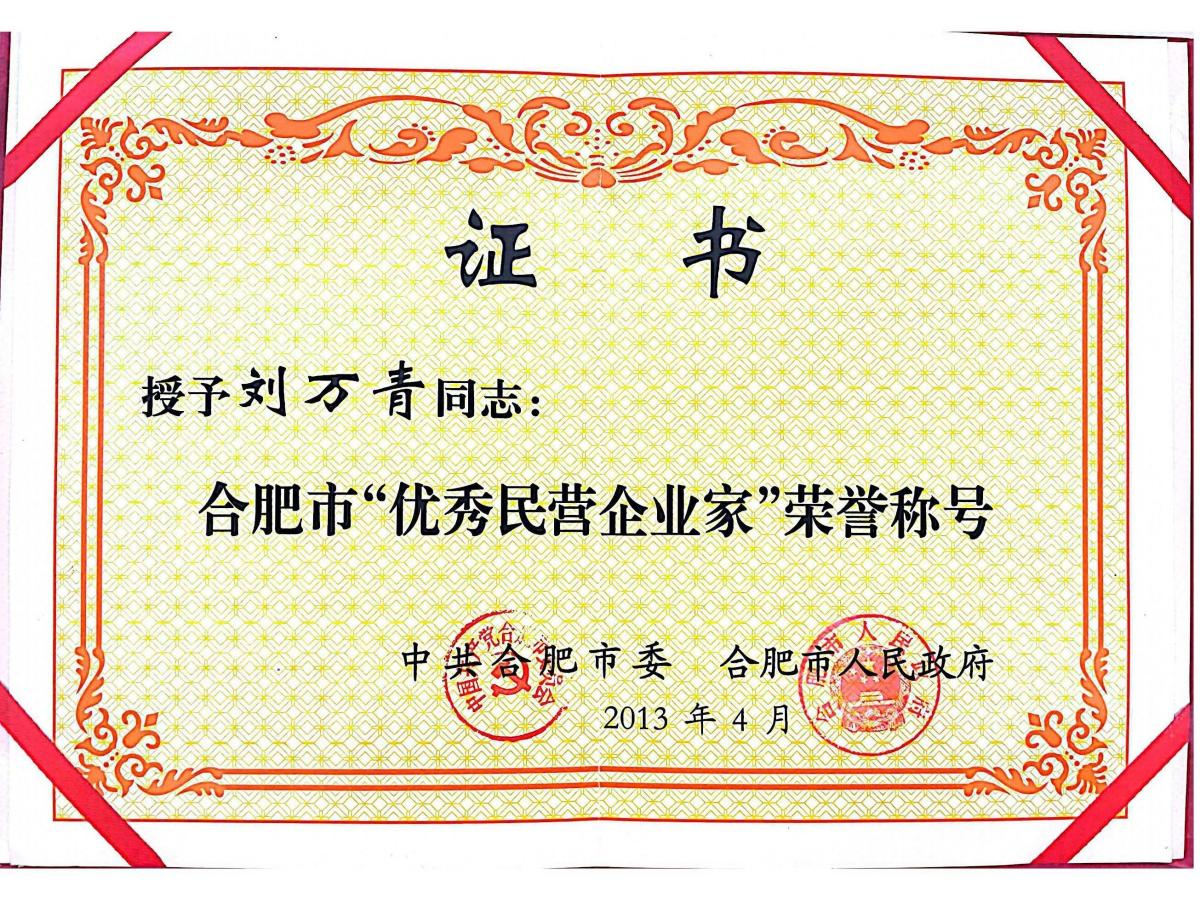 董事長劉萬青被合肥市委、合肥市人民政府授予“合肥市優(yōu)秀民營企業(yè)家”榮譽稱號